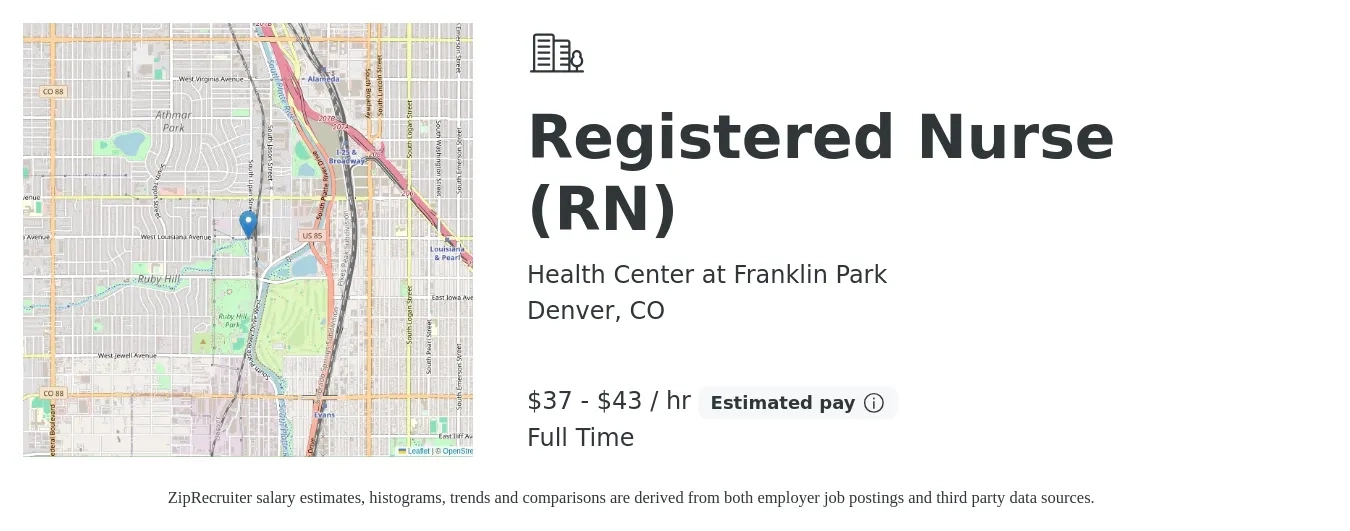 Health Center at Franklin Park job posting for a Registered Nurse (RN) in Denver, CO with a salary of $39 to $45 Hourly with a map of Denver location.
