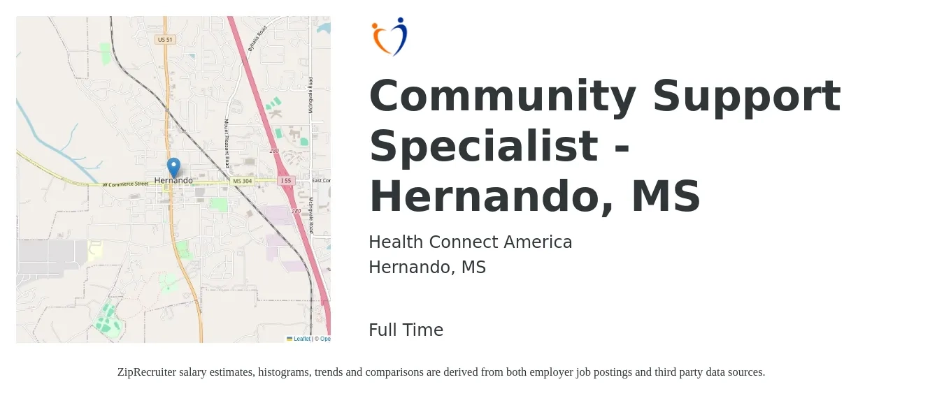 Health Connect America job posting for a Community Support Specialist - Hernando, MS in Hernando, MS with a salary of $30,000 to $35,000 Yearly with a map of Hernando location.