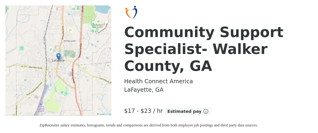 Health Connect America job posting for a Community Support Specialist- Walker County, GA in LaFayette, GA with a salary of $18 to $24 Hourly with a map of LaFayette location.