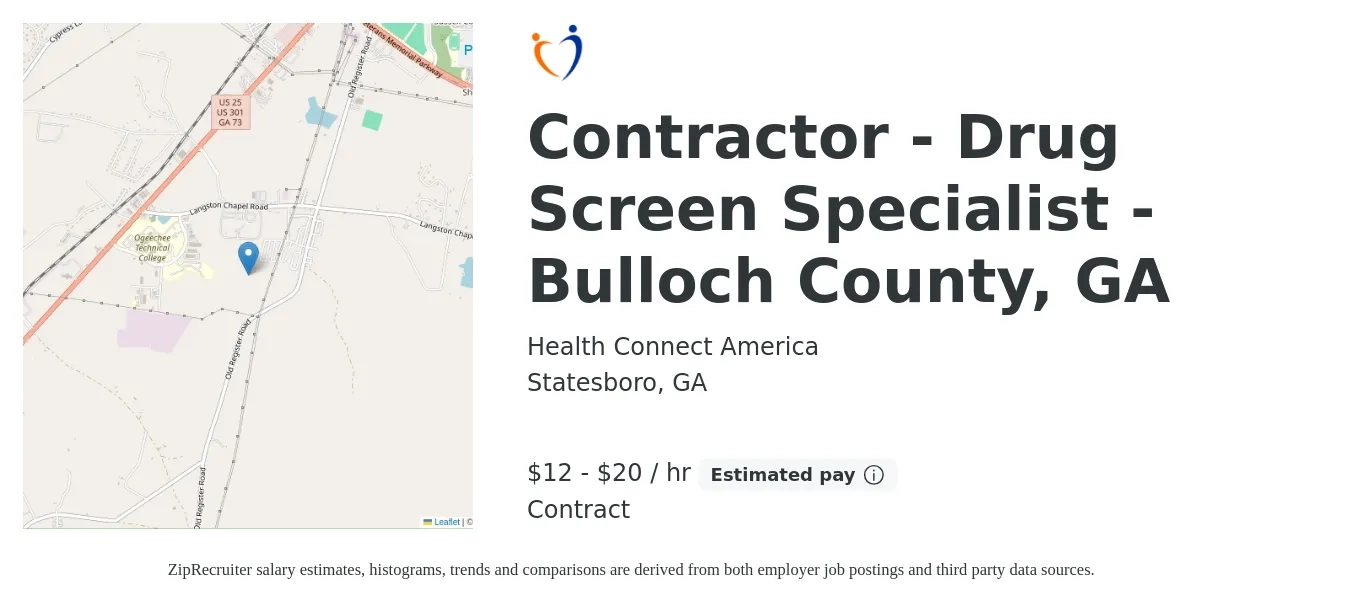 Health Connect America job posting for a Contractor - Drug Screen Specialist - Bulloch County, GA in Statesboro, GA with a salary of $13 to $21 Hourly with a map of Statesboro location.