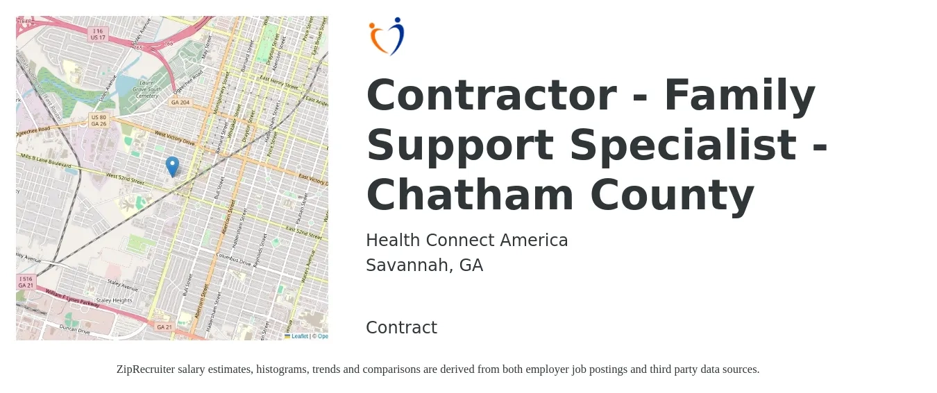 Health Connect America job posting for a Contractor - Family Support Specialist - Chatham County in Savannah, GA with a salary of $17 to $18 Hourly with a map of Savannah location.