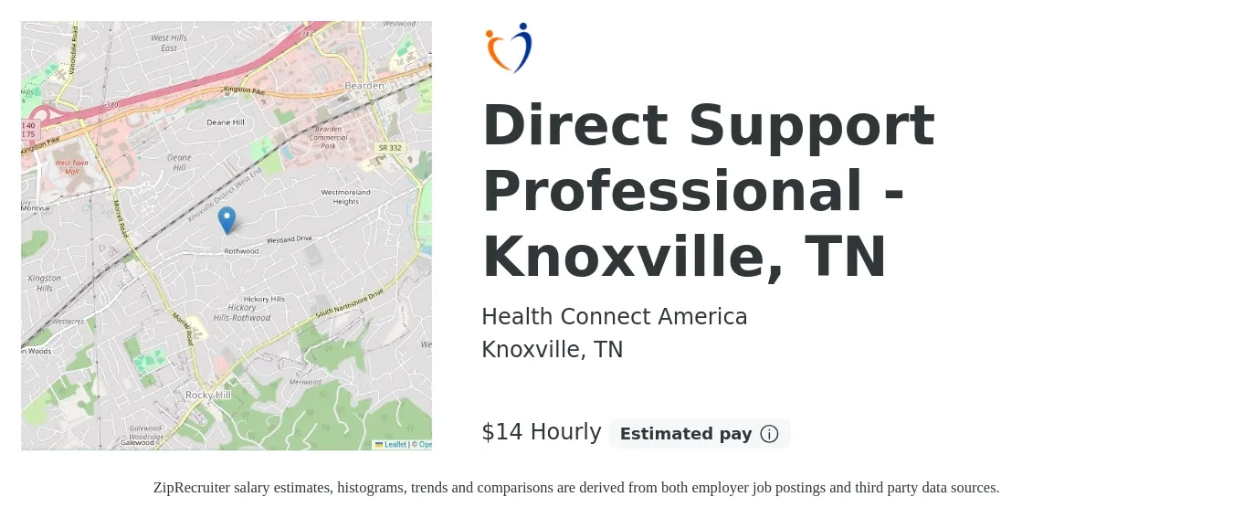 Health Connect America job posting for a Direct Support Professional - Knoxville, TN in Knoxville, TN with a salary of $15 Hourly with a map of Knoxville location.