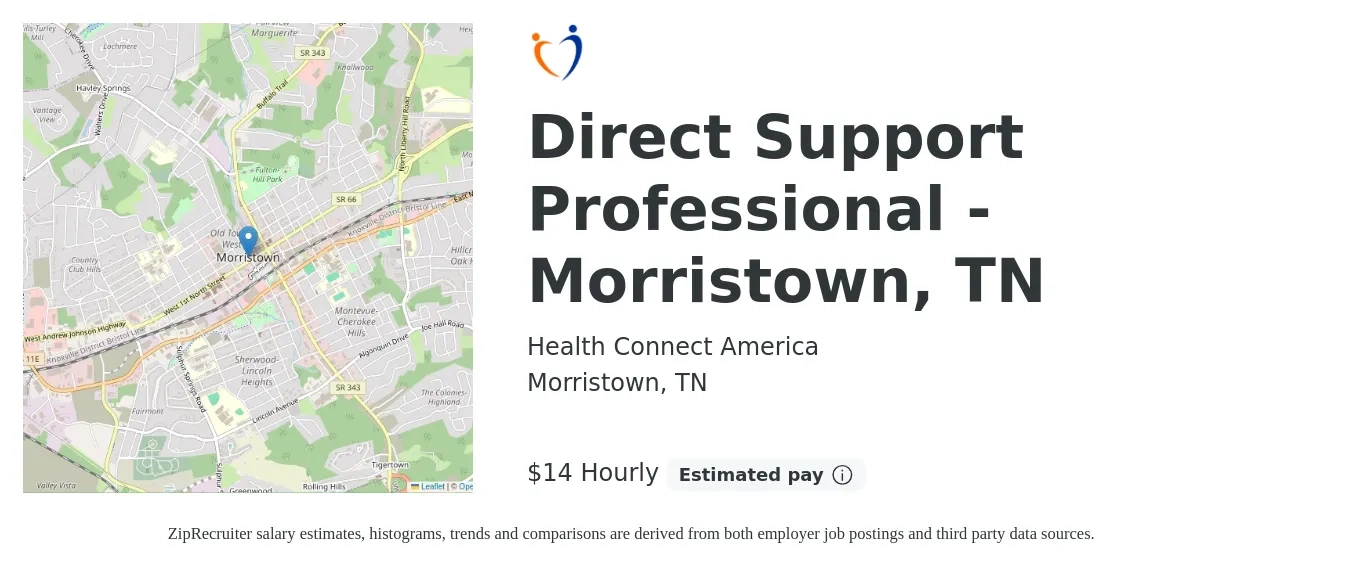 Health Connect America job posting for a Direct Support Professional - Morristown, TN in Morristown, TN with a salary of $15 Hourly with a map of Morristown location.