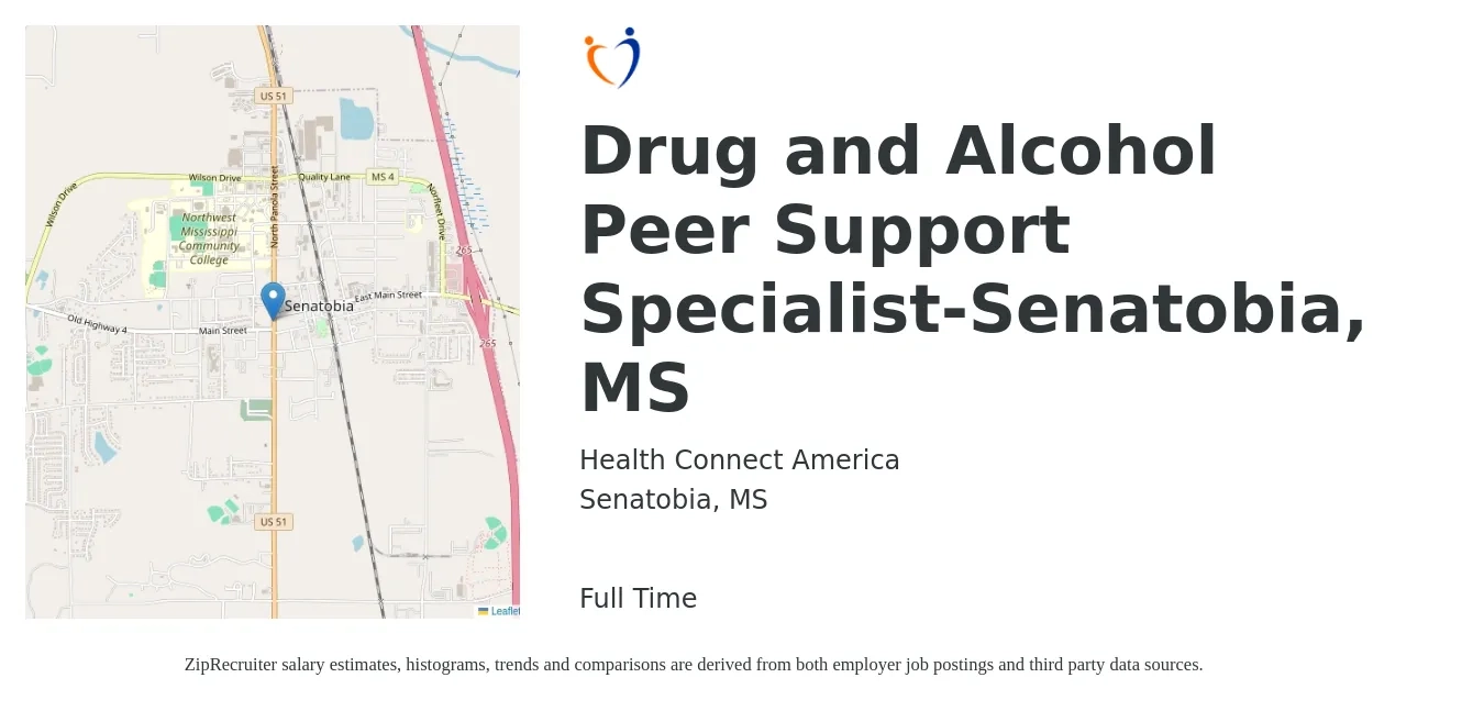 Health Connect America job posting for a Drug and Alcohol Peer Support Specialist-Senatobia, MS in Senatobia, MS with a salary of $27,000 Yearly with a map of Senatobia location.
