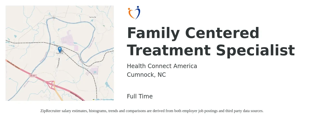 Health Connect America job posting for a Family Centered Treatment Specialist in Cumnock, NC with a salary of $15 to $20 Hourly with a map of Cumnock location.