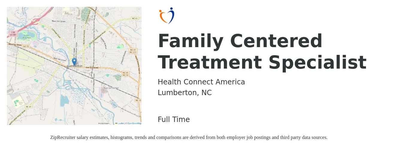 Health Connect America job posting for a Family Centered Treatment Specialist in Lumberton, NC with a salary of $16 to $21 Hourly with a map of Lumberton location.