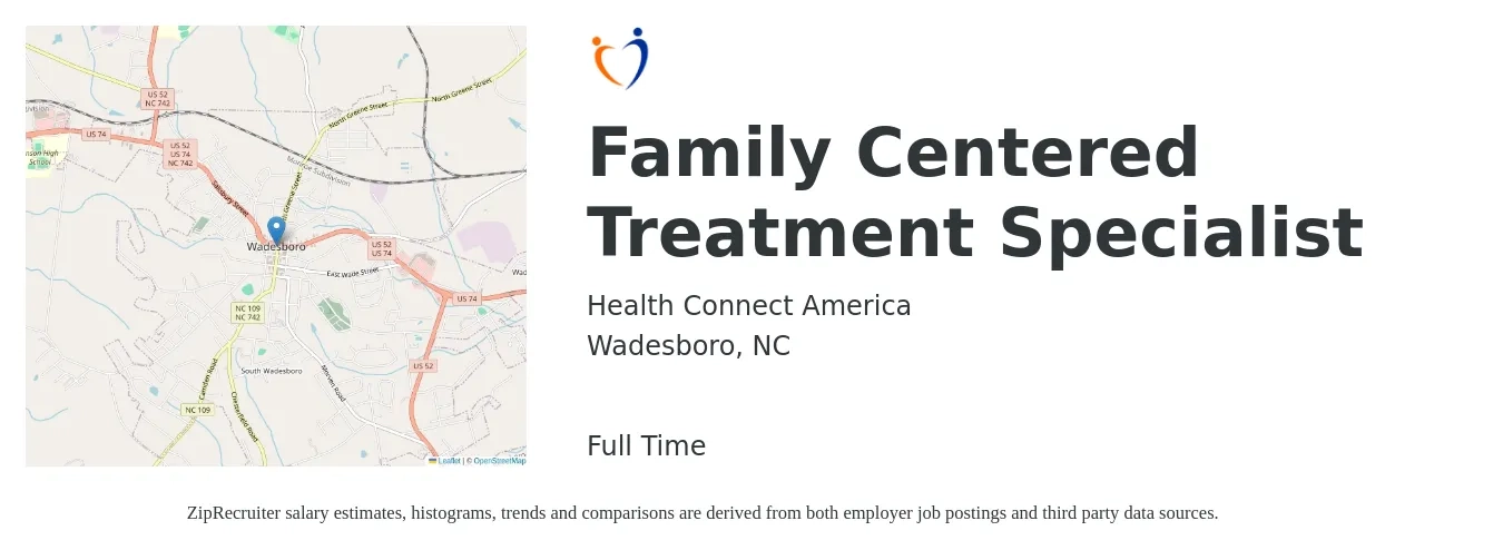 Health Connect America job posting for a Family Centered Treatment Specialist in Wadesboro, NC with a salary of $17 to $22 Hourly with a map of Wadesboro location.