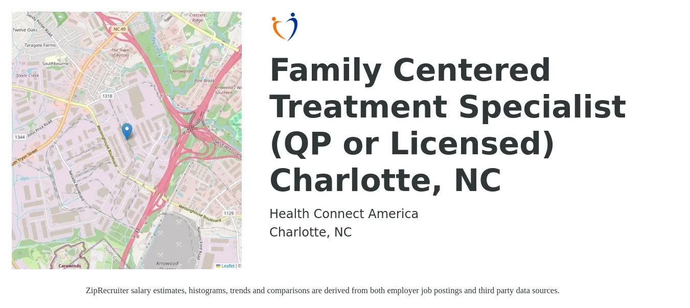 Health Connect America job posting for a Family Centered Treatment Specialist (QP or Licensed) Charlotte, NC in Charlotte, NC with a salary of $18 to $23 Hourly with a map of Charlotte location.