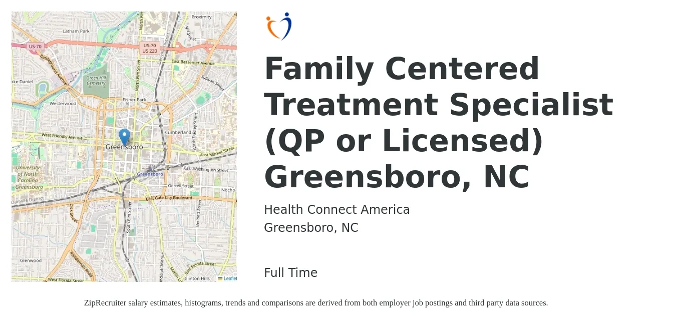 Health Connect America job posting for a Family Centered Treatment Specialist (QP or Licensed) Greensboro, NC in Greensboro, NC with a salary of $18 to $23 Hourly with a map of Greensboro location.