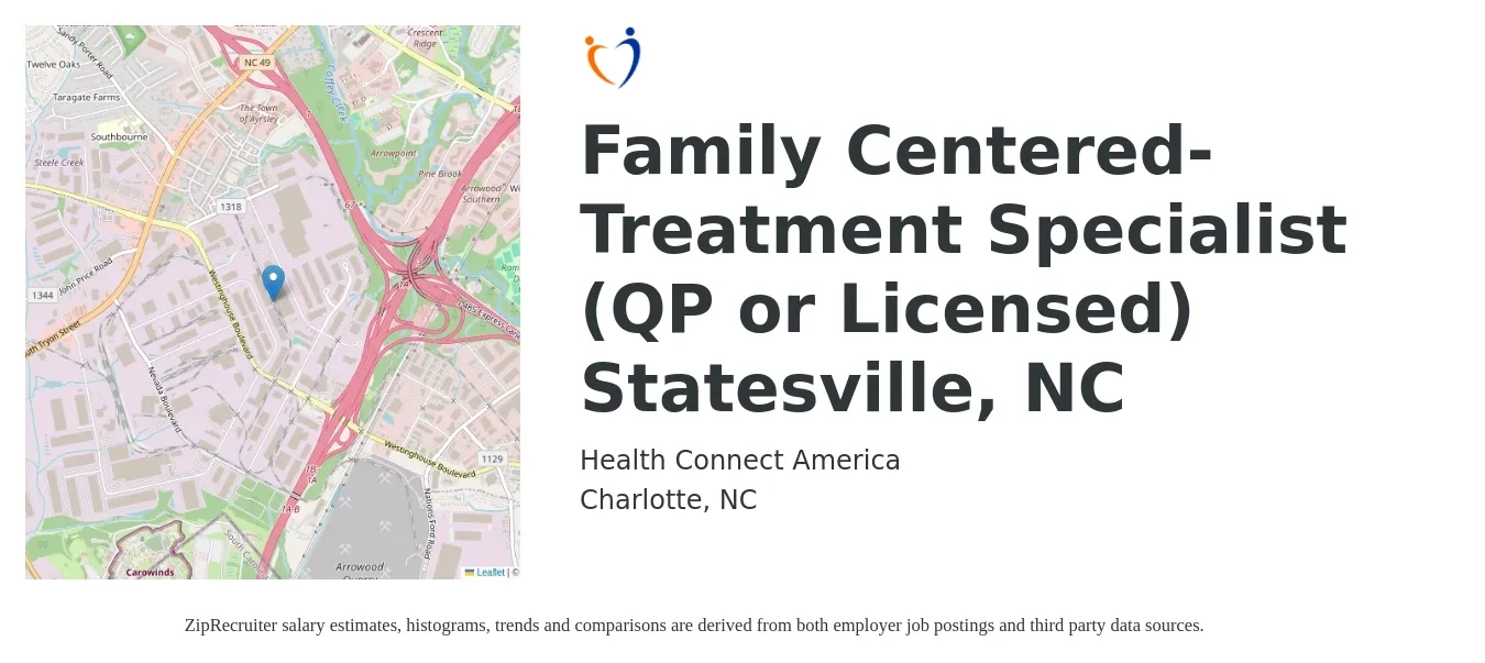 Health Connect America job posting for a Family Centered Treatment Specialist (QP or Licensed) Statesville, NC in Charlotte, NC with a salary of $18 to $23 Hourly with a map of Charlotte location.