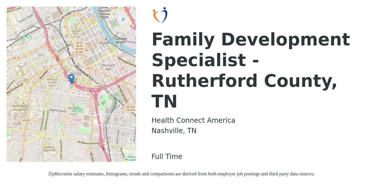 Health Connect America job posting for a Family Development Specialist - Rutherford County, TN in Nashville, TN with a salary of $43,000 to $45,000 Yearly with a map of Nashville location.