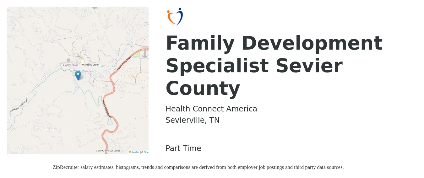 Health Connect America job posting for a Family Development Specialist Sevier County in Sevierville, TN with a salary of $40,000 to $45,000 Yearly with a map of Sevierville location.