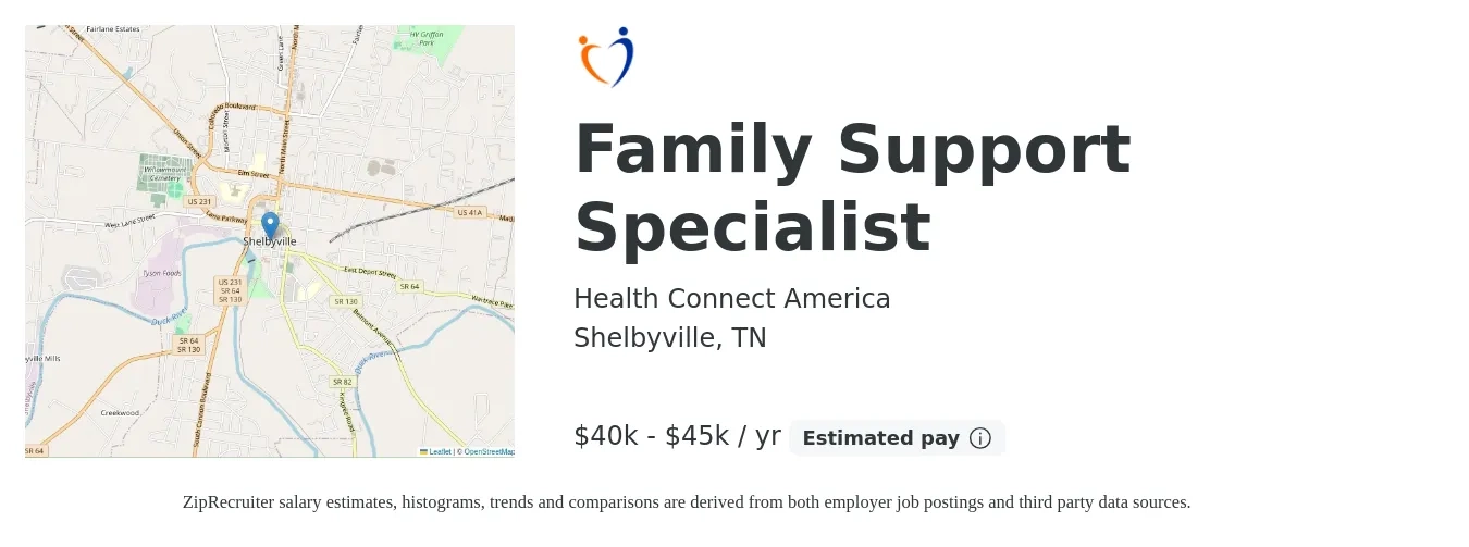 Health Connect America job posting for a Family Support Specialist in Shelbyville, TN with a salary of $40,000 to $45,000 Yearly with a map of Shelbyville location.