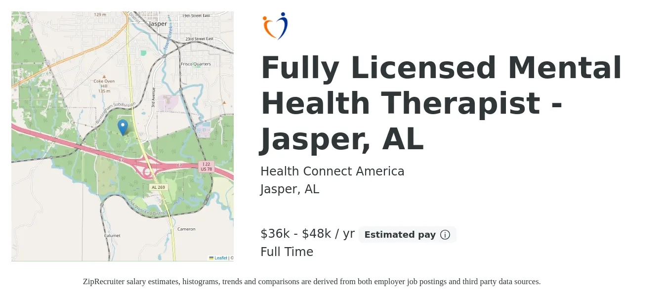 Health Connect America job posting for a Fully Licensed Mental Health Therapist - Jasper, AL in Jasper, AL with a salary of $36,000 to $48,000 Yearly with a map of Jasper location.