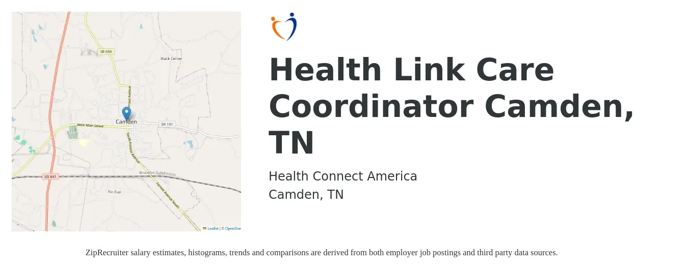 Health Connect America job posting for a Health Link Care Coordinator Camden, TN in Camden, TN with a salary of $34,000 to $36,000 Yearly with a map of Camden location.