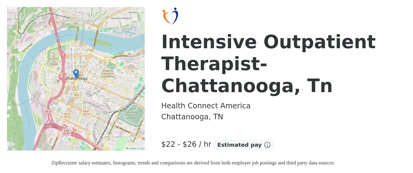 Health Connect America job posting for a Intensive Outpatient Therapist- Chattanooga, Tn in Chattanooga, TN with a salary of $23 to $28 Hourly with a map of Chattanooga location.