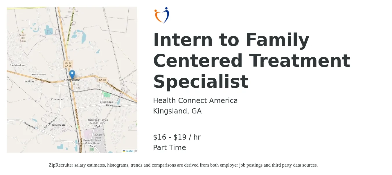 Health Connect America job posting for a Intern to Family Centered Treatment Specialist in Kingsland, GA with a salary of $17 to $20 Hourly with a map of Kingsland location.