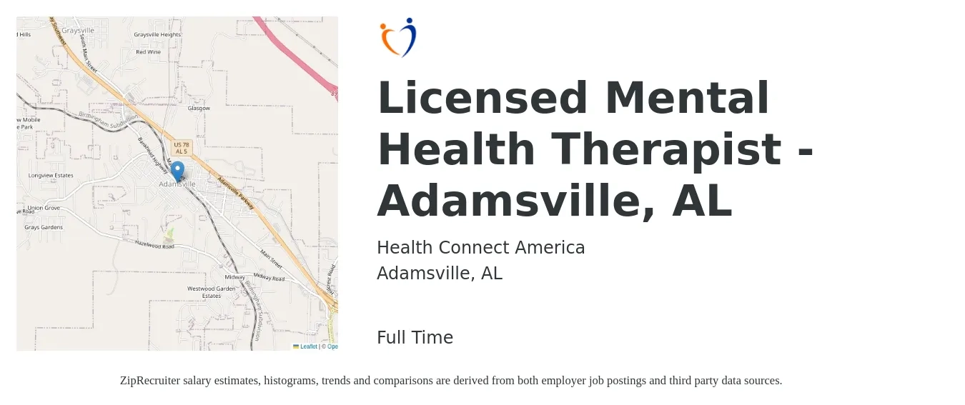 Health Connect America job posting for a Licensed Mental Health Therapist - Adamsville, AL in Adamsville, AL with a salary of $38,000 to $48,000 Yearly with a map of Adamsville location.