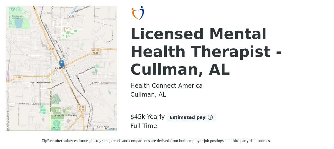 Health Connect America job posting for a Licensed Mental Health Therapist - Cullman, AL in Cullman, AL with a salary of $45,000 Yearly with a map of Cullman location.