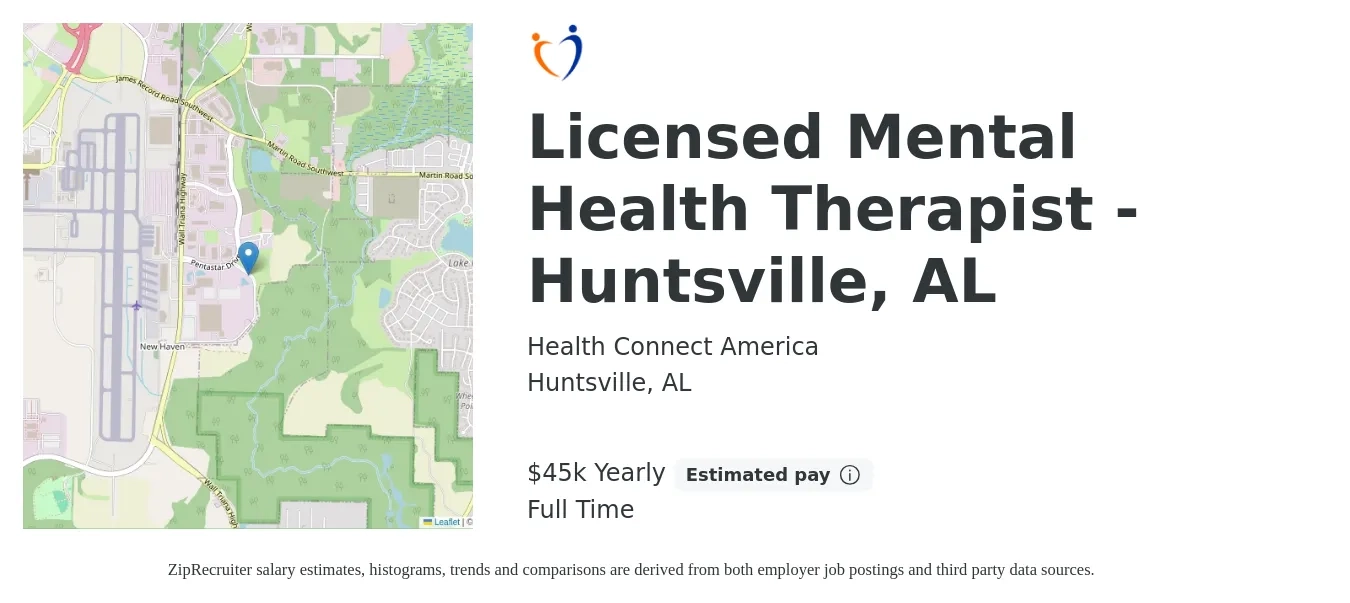 Health Connect America job posting for a Licensed Mental Health Therapist - Huntsville, AL in Huntsville, AL with a salary of $45,000 Yearly with a map of Huntsville location.