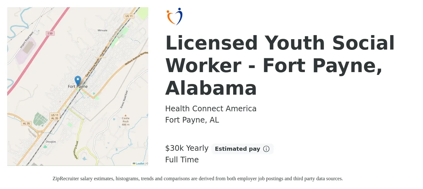 Health Connect America job posting for a Licensed Youth Social Worker - Fort Payne, Alabama in Fort Payne, AL with a salary of $30,000 Yearly with a map of Fort Payne location.