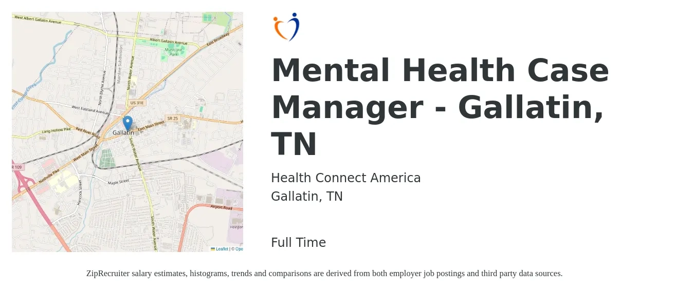 Health Connect America job posting for a Mental Health Case Manager - Gallatin, TN in Gallatin, TN with a salary of $35,000 to $38,000 Yearly with a map of Gallatin location.