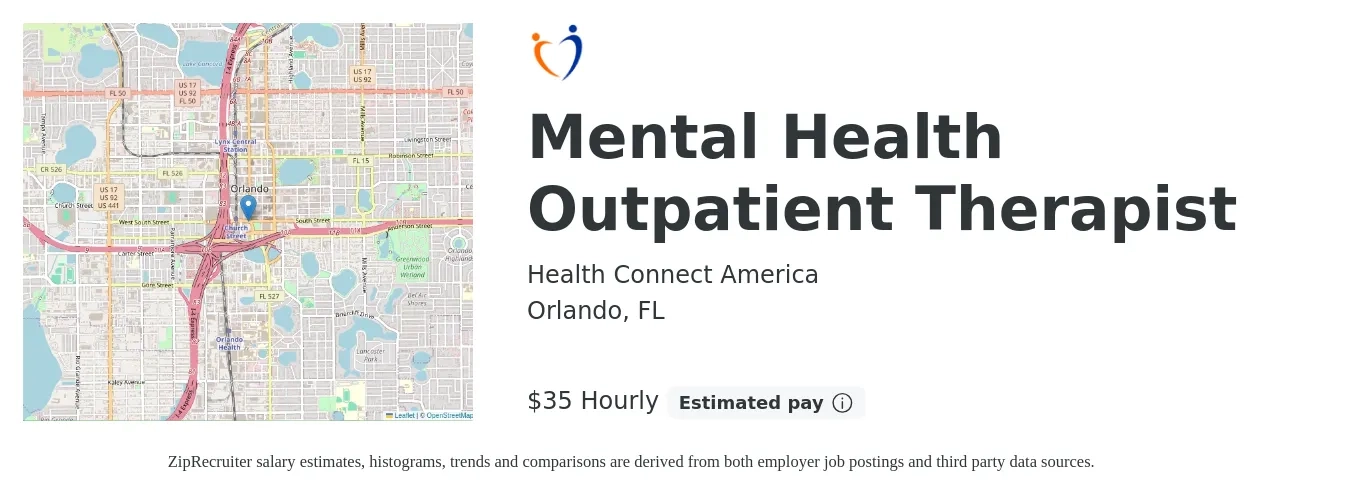 Health Connect America job posting for a Mental Health Outpatient Therapist in Orlando, FL with a salary of $37 Hourly with a map of Orlando location.