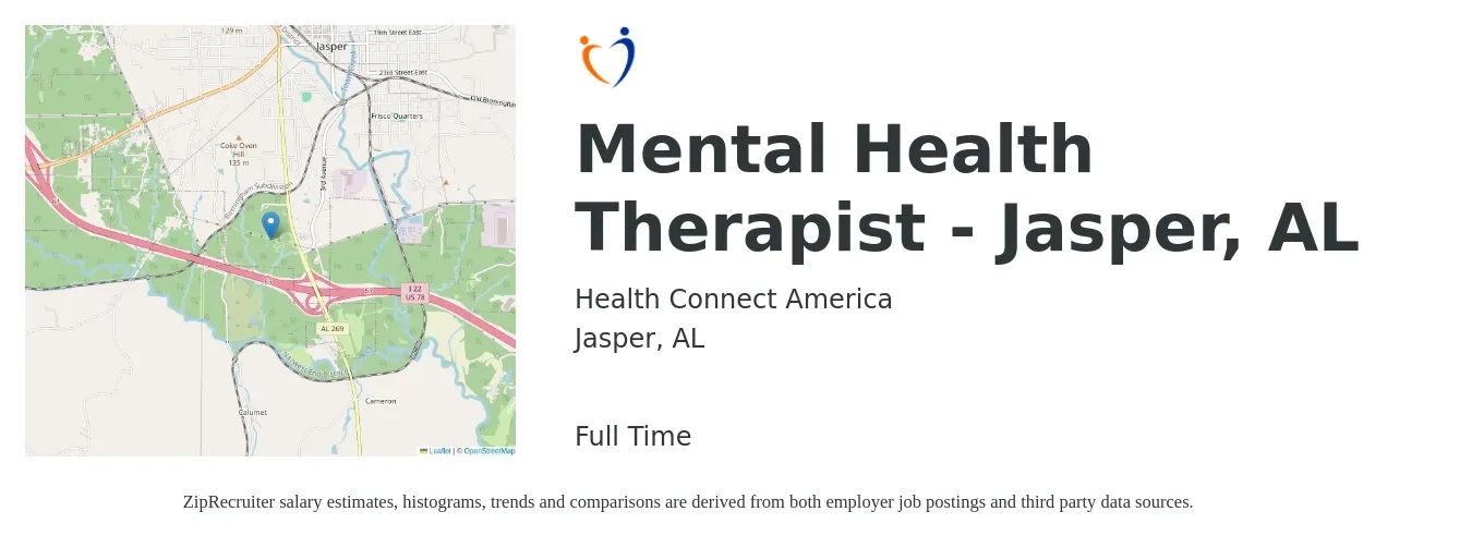 Health Connect America job posting for a Mental Health Therapist - Jasper, AL in Jasper, AL with a salary of $36,000 to $40,000 Yearly with a map of Jasper location.