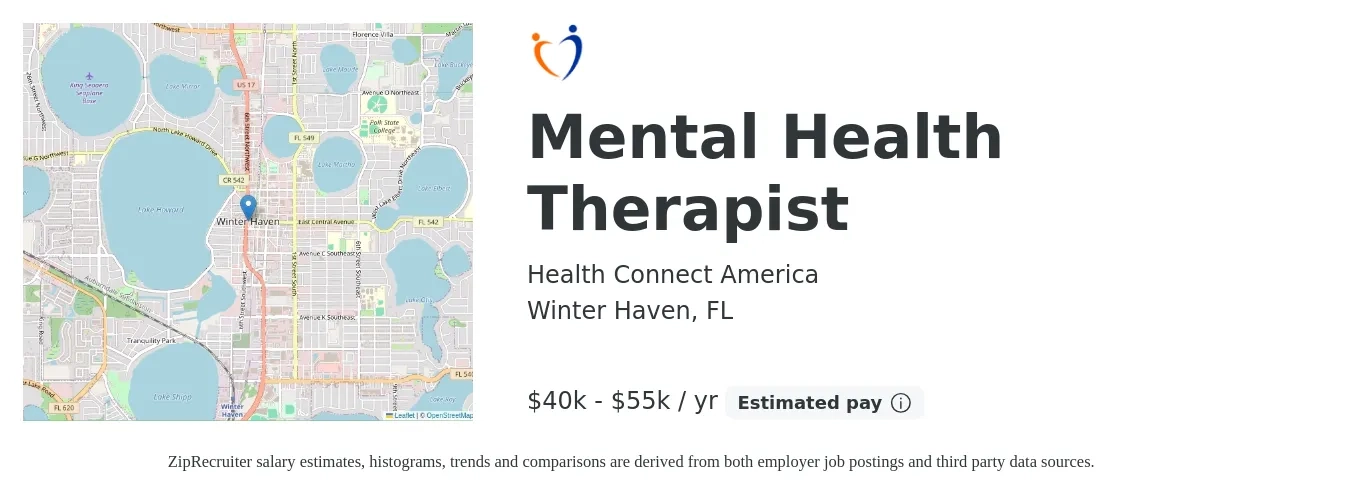 Health Connect America job posting for a Mental Health Therapist in Winter Haven, FL with a salary of $40,000 to $60,000 Yearly with a map of Winter Haven location.