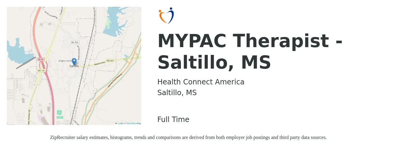 Health Connect America job posting for a MYPAC Therapist - Saltillo, MS in Saltillo, MS with a salary of $45,000 to $65,200 Yearly with a map of Saltillo location.
