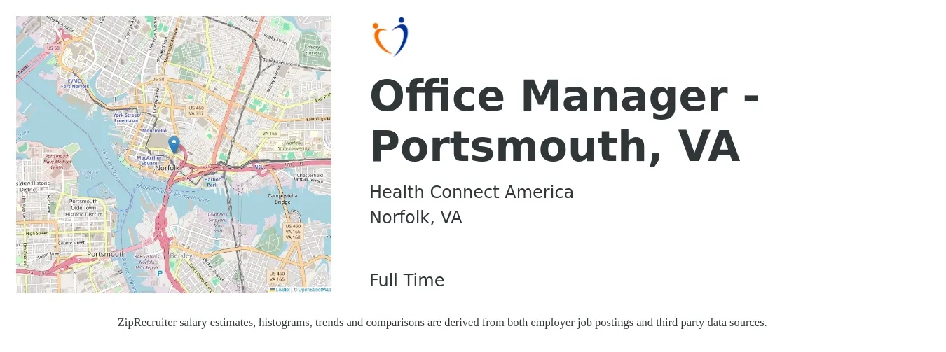 Health Connect America job posting for a Office Manager - Portsmouth, VA in Norfolk, VA with a salary of $14 to $16 Hourly with a map of Norfolk location.