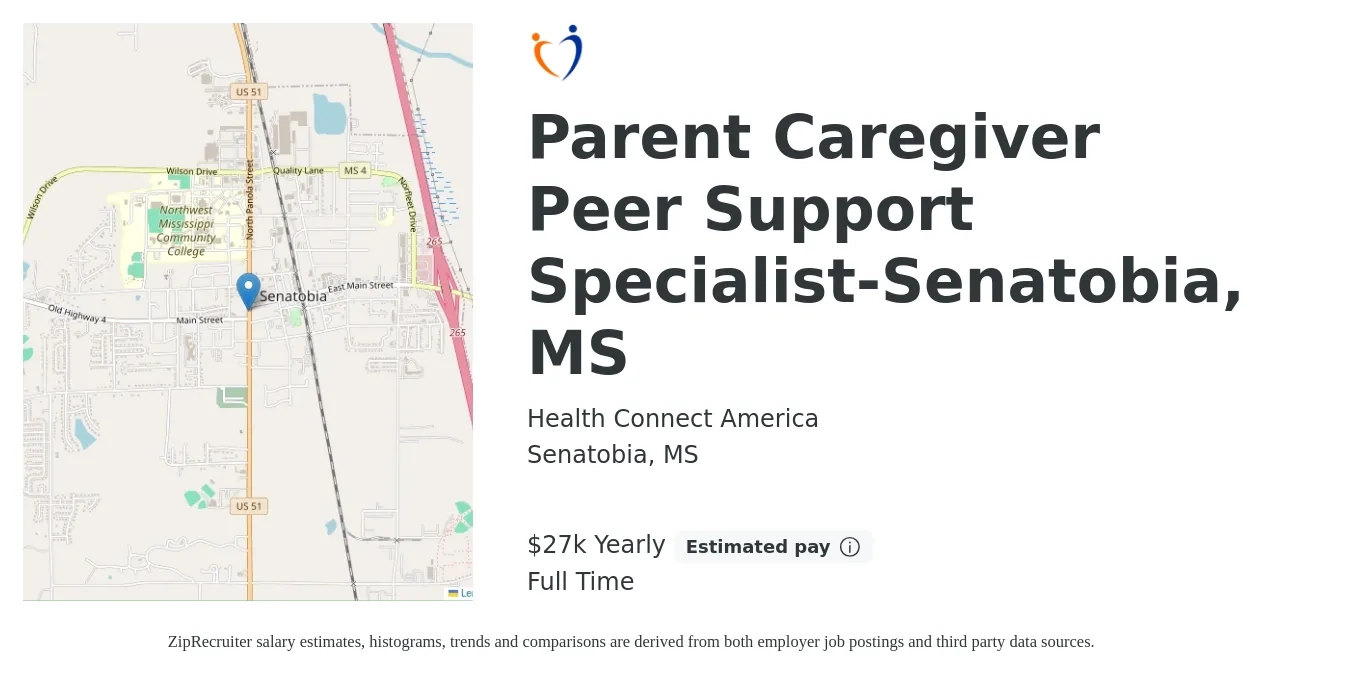 Health Connect America job posting for a Parent Caregiver Peer Support Specialist-Senatobia, MS in Senatobia, MS with a salary of $27,000 Yearly with a map of Senatobia location.