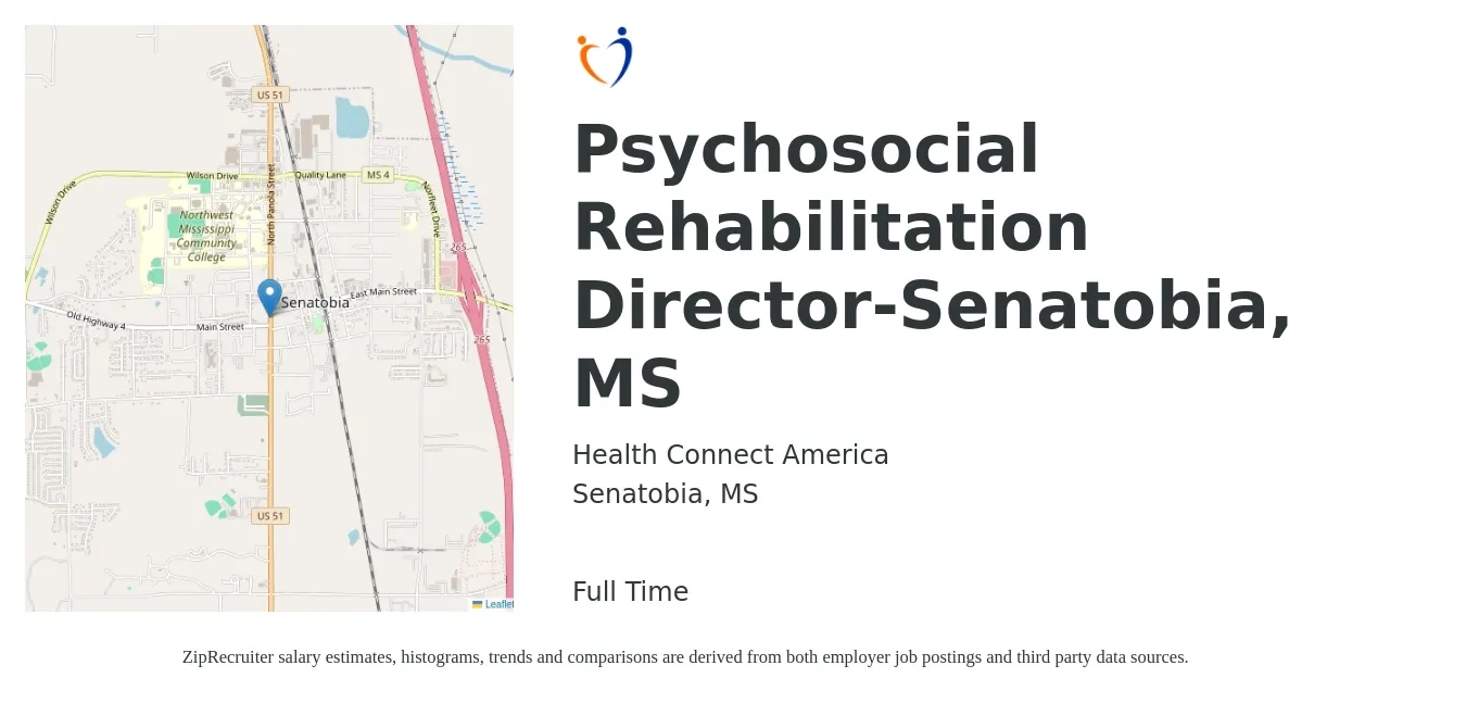 Health Connect America job posting for a Psychosocial Rehabilitation Director-Senatobia, MS in Senatobia, MS with a salary of $35,000 Yearly with a map of Senatobia location.