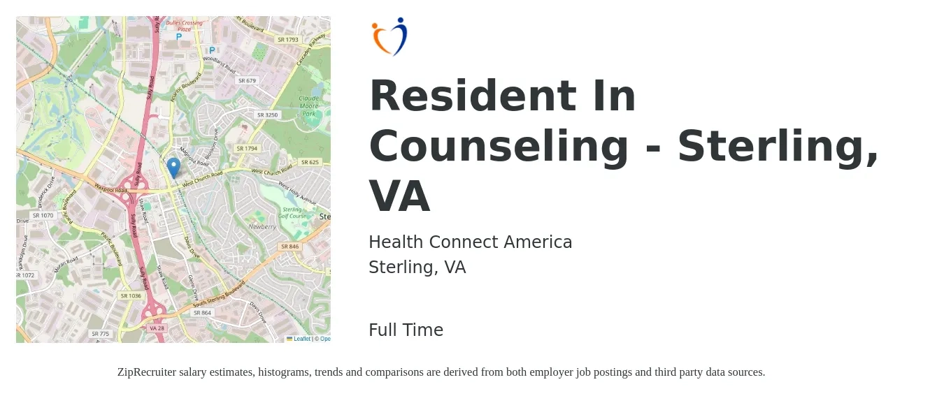 Health Connect America job posting for a Resident In Counseling - Sterling, VA in Sterling, VA with a salary of $54,600 to $84,900 Yearly with a map of Sterling location.