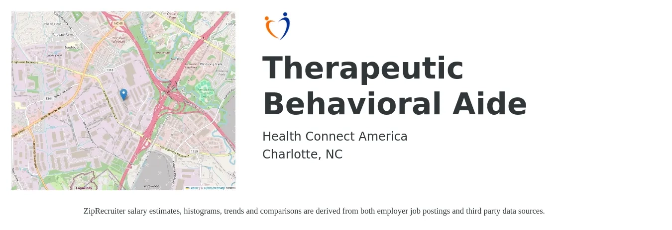 Health Connect America job posting for a Therapeutic Behavioral Aide in Charlotte, NC with a salary of $16 to $22 Hourly with a map of Charlotte location.