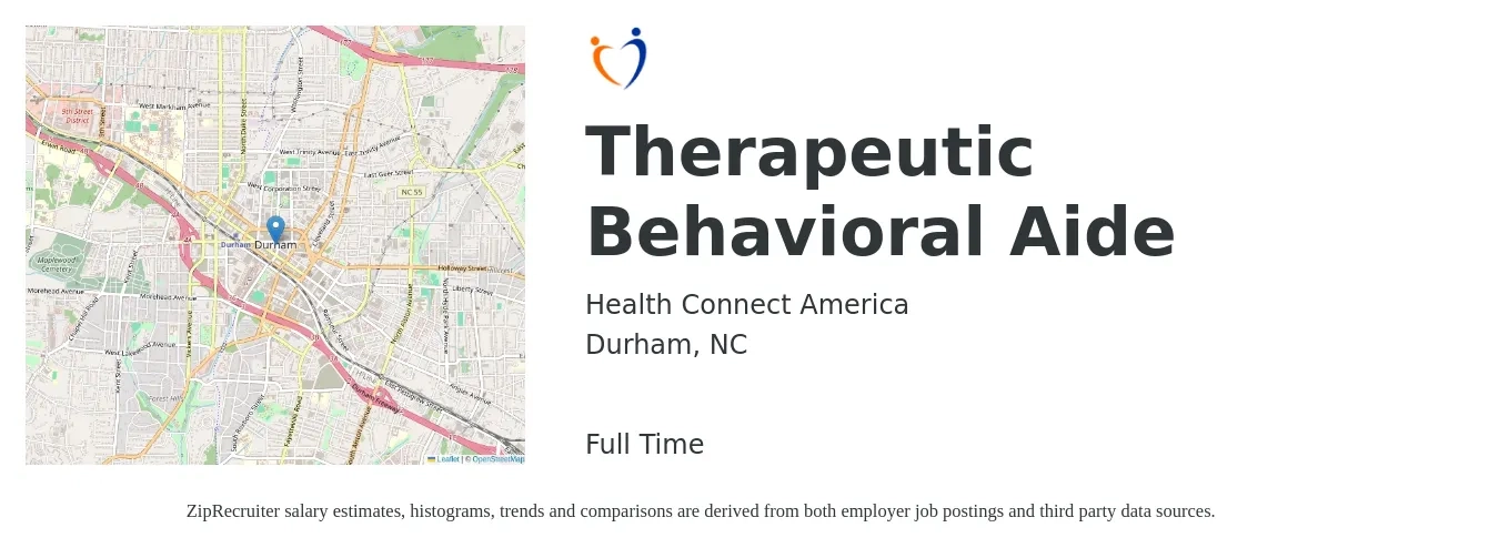 Health Connect America job posting for a Therapeutic Behavioral Aide in Durham, NC with a salary of $17 to $19 Hourly with a map of Durham location.