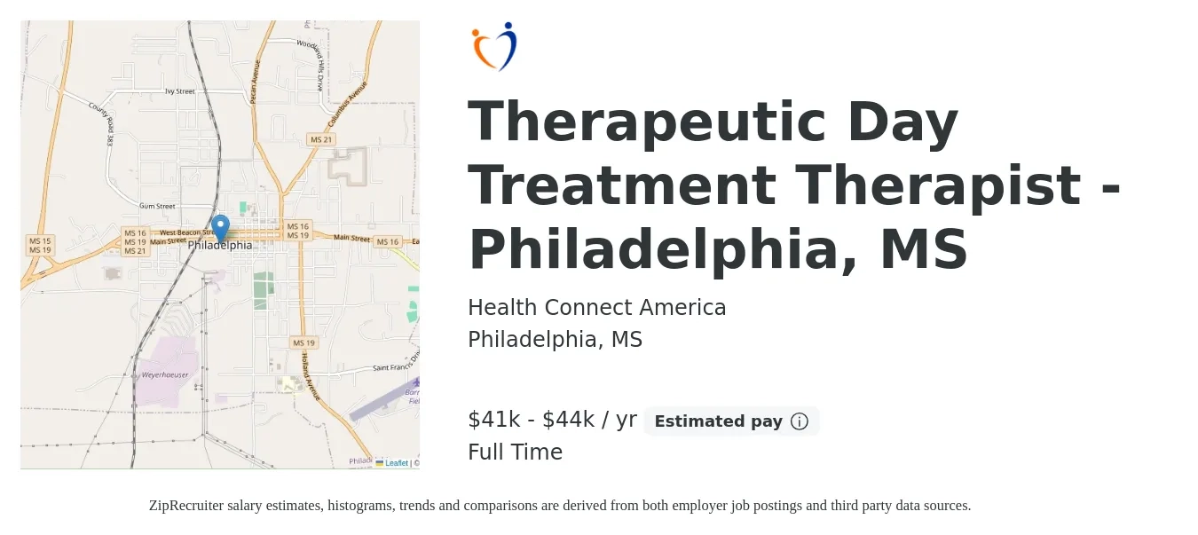 Health Connect America job posting for a Therapeutic Day Treatment Therapist - Philadelphia, MS in Philadelphia, MS with a salary of $41,000 to $44,000 Yearly with a map of Philadelphia location.