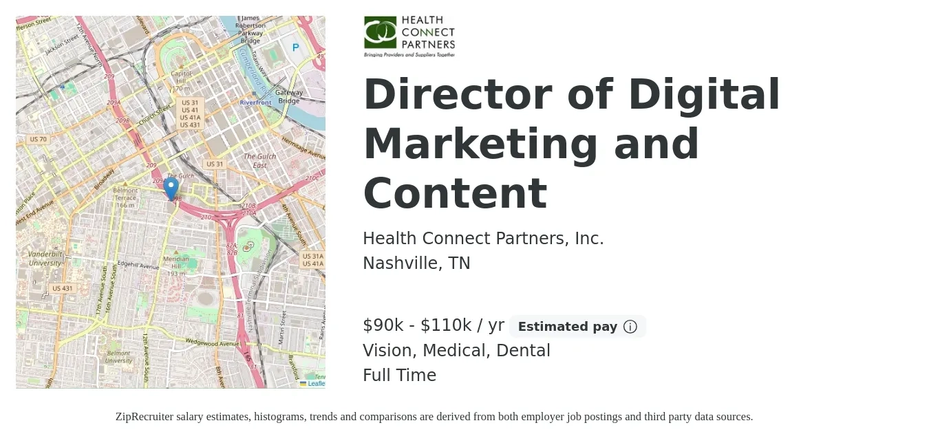 Health Connect Partners, Inc. job posting for a Director of Digital Marketing and Content in Nashville, TN with a salary of $90,000 to $110,000 Yearly and benefits including dental, medical, pto, retirement, and vision with a map of Nashville location.