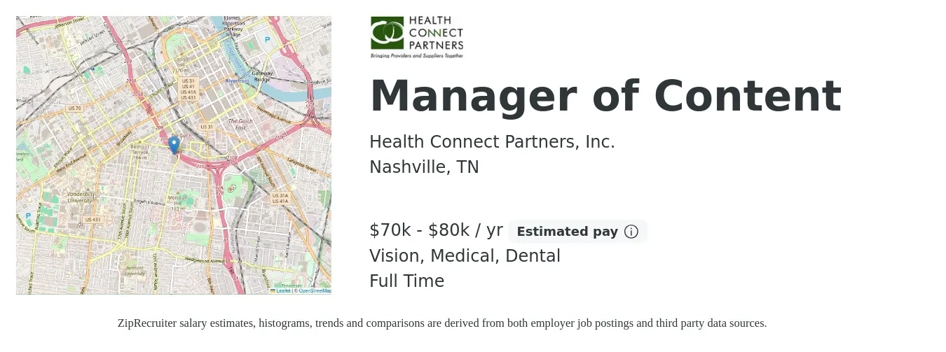 Health Connect Partners, Inc. job posting for a Manager of Content in Nashville, TN with a salary of $70,000 to $80,000 Yearly and benefits including dental, medical, pto, retirement, and vision with a map of Nashville location.