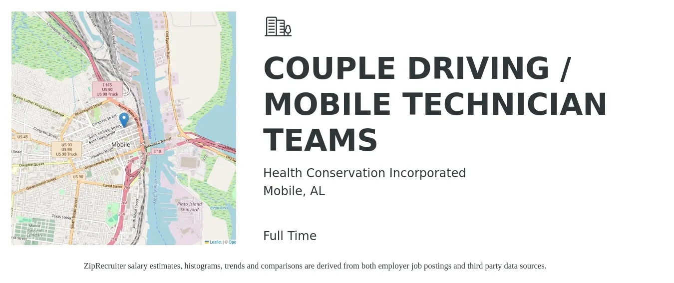 Health Conservation Incorporated job posting for a COUPLE DRIVING / MOBILE TECHNICIAN TEAMS in Mobile, AL with a salary of $70,000 Yearly with a map of Mobile location.