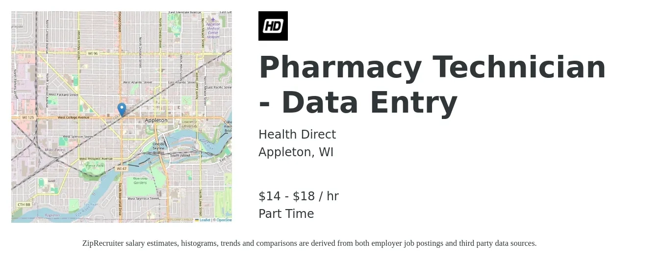Health Direct job posting for a Pharmacy Technician - Data Entry in Appleton, WI with a salary of $15 to $19 Hourly with a map of Appleton location.