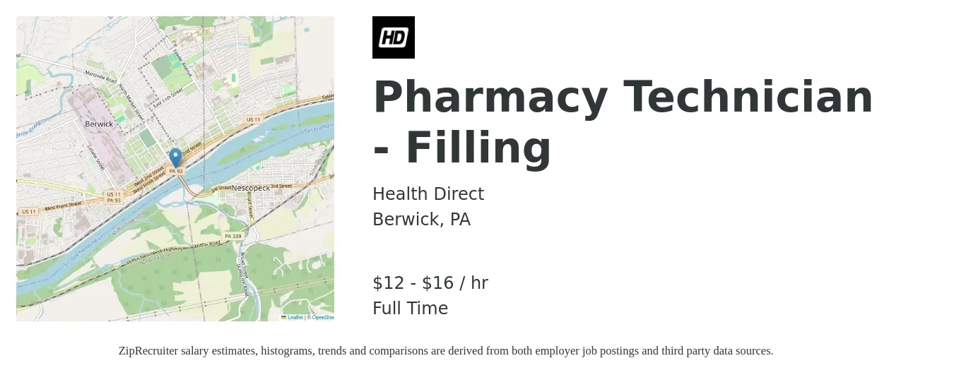 Health Direct job posting for a Pharmacy Technician - Filling in Berwick, PA with a salary of $13 to $17 Hourly with a map of Berwick location.
