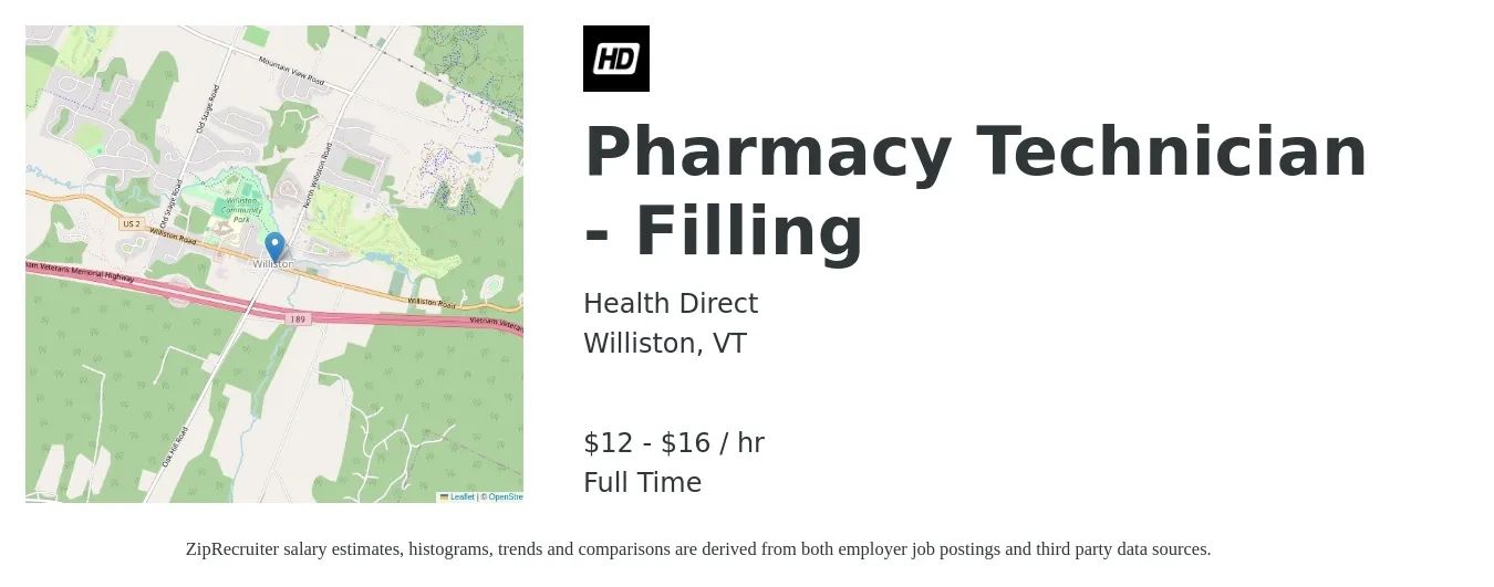 Health Direct job posting for a Pharmacy Technician - Filling in Williston, VT with a salary of $13 to $17 Hourly with a map of Williston location.