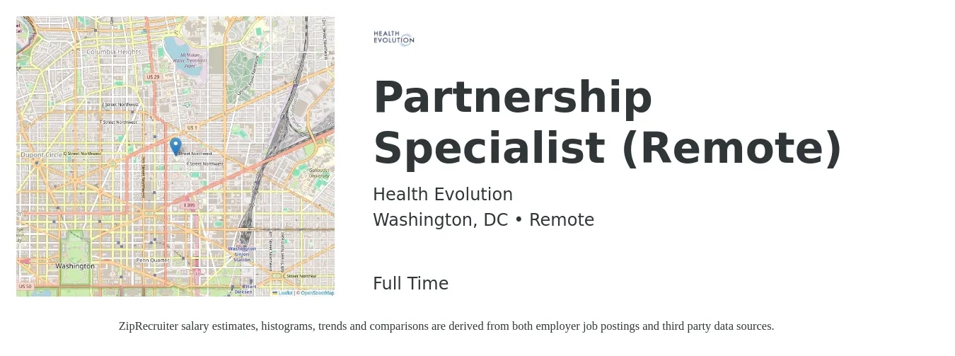 Health Evolution job posting for a Partnership Specialist (Remote) in Washington, DC with a salary of $53,200 to $88,900 Yearly with a map of Washington location.