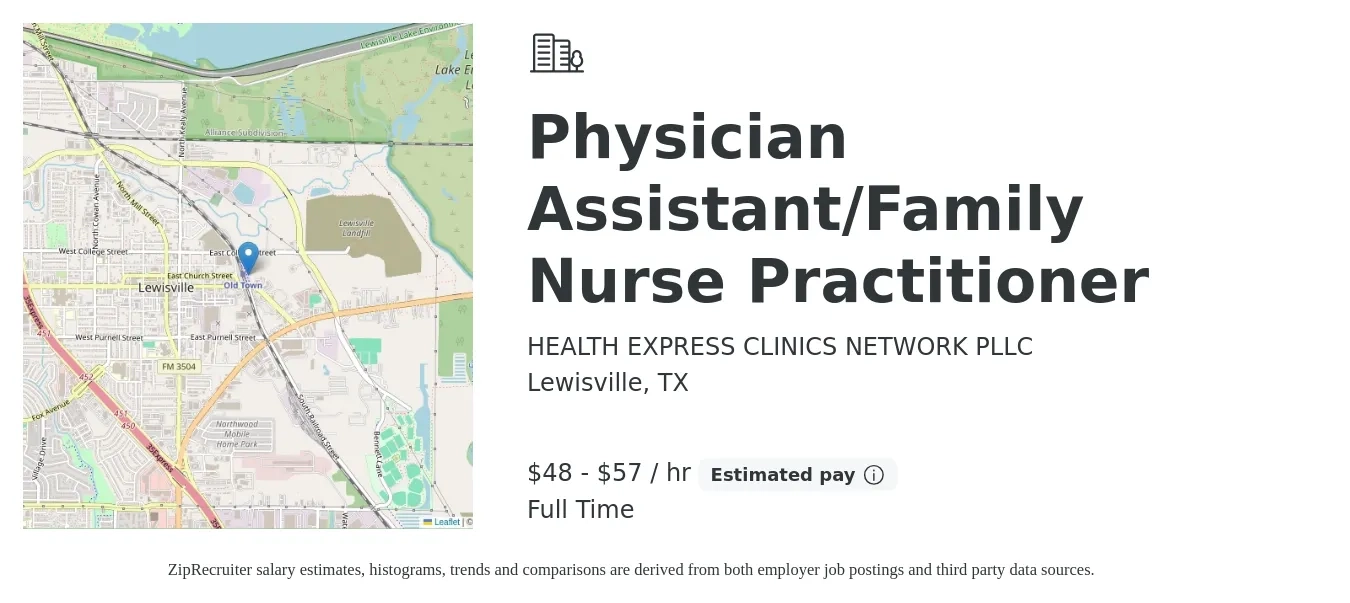 HEALTH EXPRESS CLINICS NETWORK PLLC job posting for a Physician Assistant/Family Nurse Practitioner in Lewisville, TX with a salary of $50 to $60 Hourly with a map of Lewisville location.
