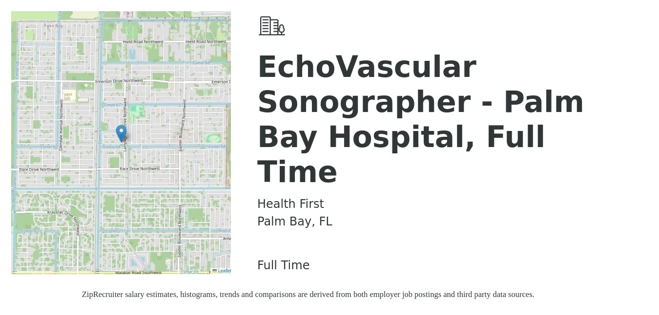 Health First job posting for a EchoVascular Sonographer - Palm Bay Hospital, Full Time in Palm Bay, FL with a salary of $1,380 to $2,340 Weekly with a map of Palm Bay location.