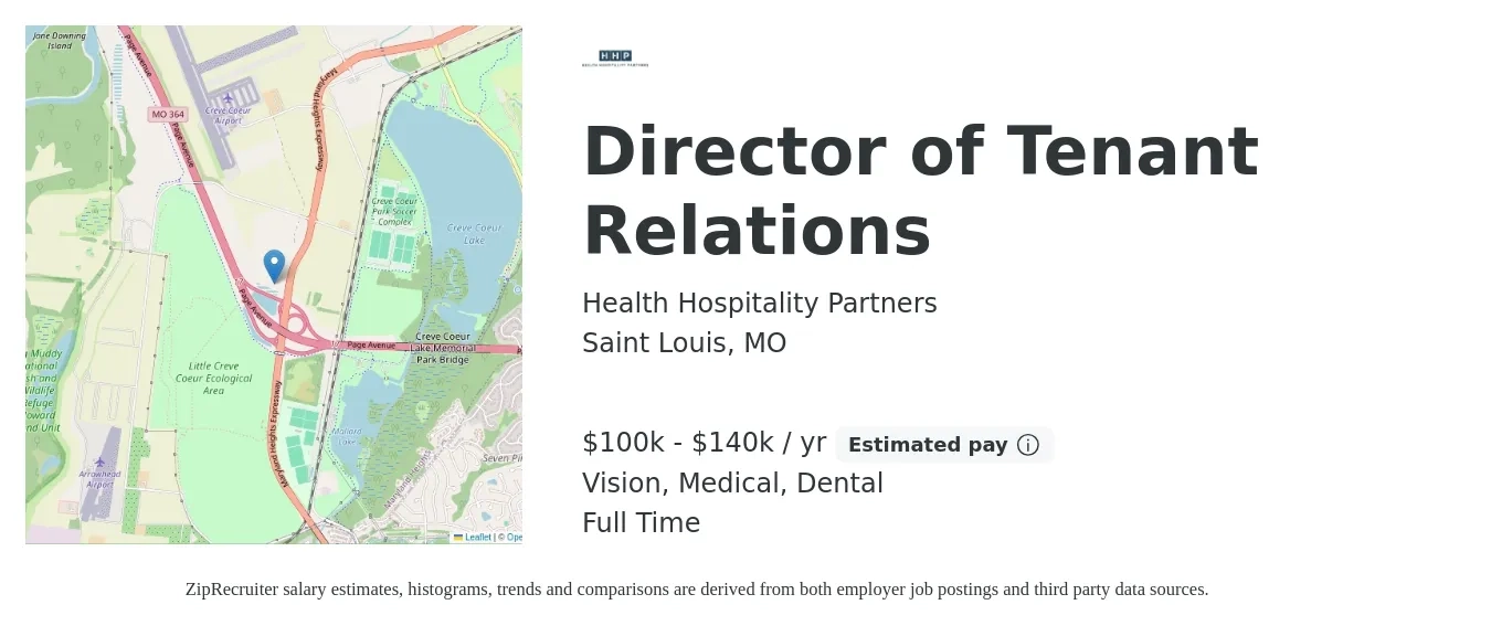 Health Hospitality Partners job posting for a Director of Tenant Relations in Saint Louis, MO with a salary of $100,000 to $140,000 Yearly and benefits including vision, dental, and medical with a map of Saint Louis location.