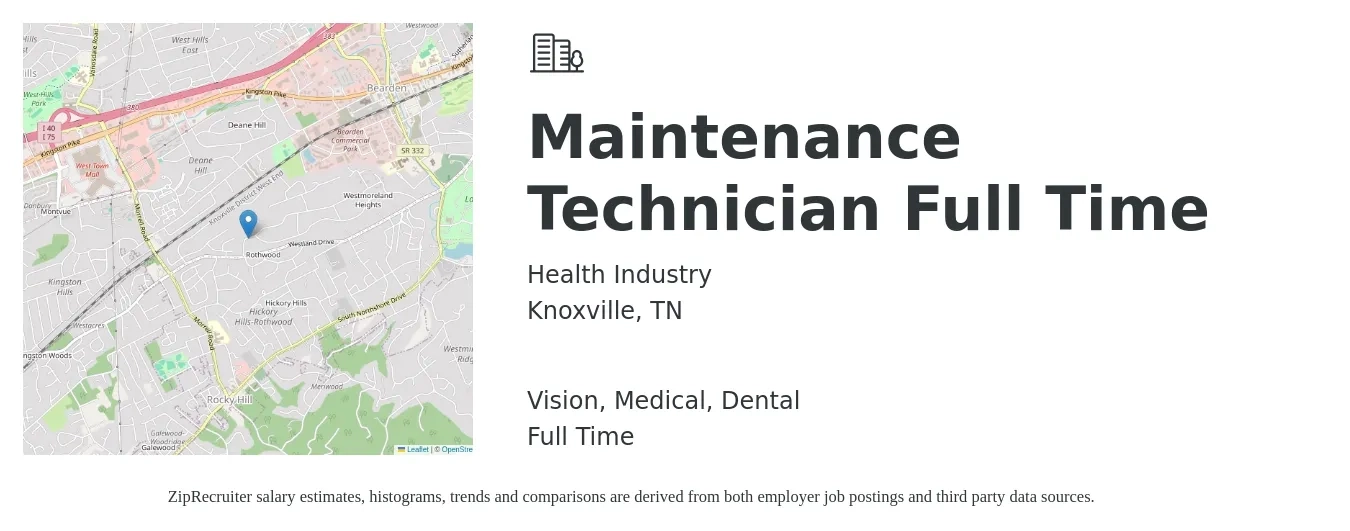 Health Industry job posting for a Maintenance Technician Full Time in Knoxville, TN with a salary of $18 to $26 Hourly and benefits including life_insurance, medical, pto, vision, and dental with a map of Knoxville location.