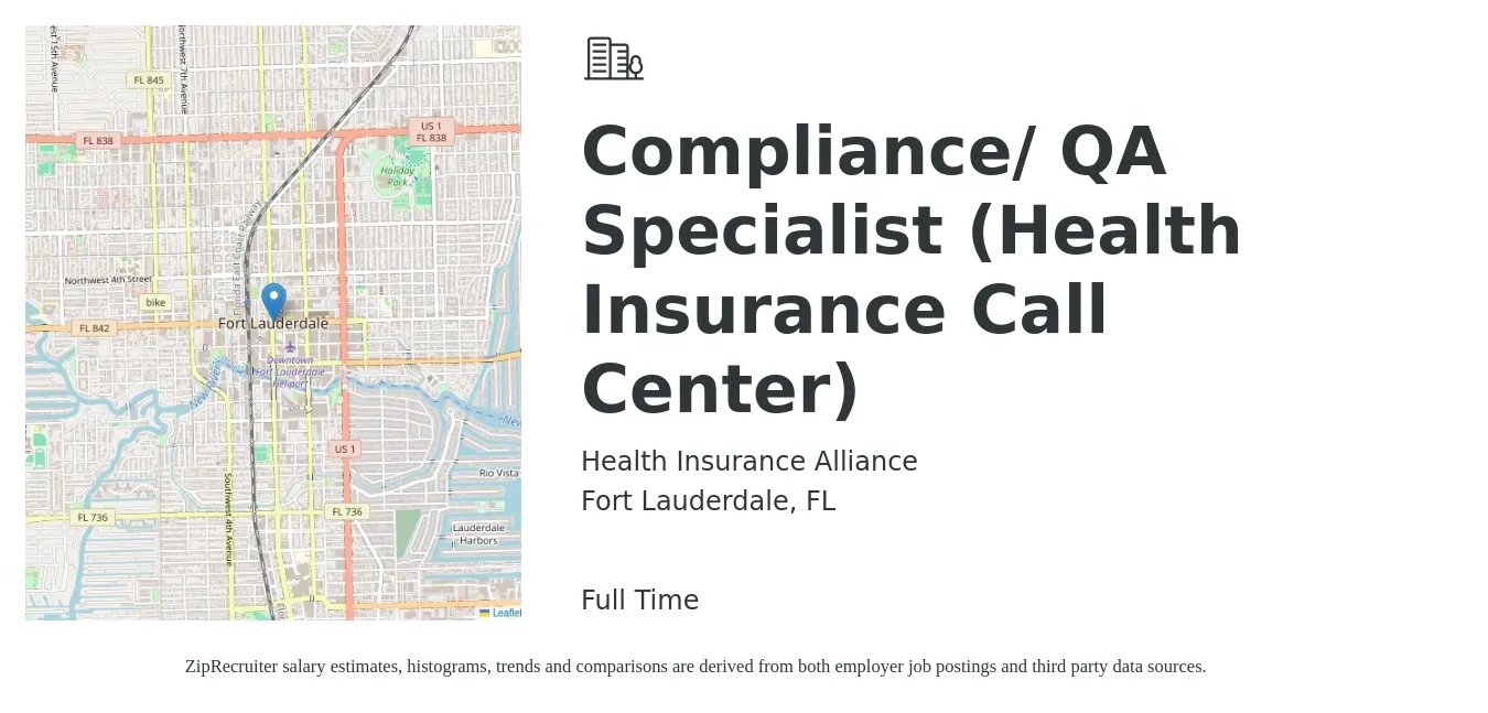 Health Insurance Alliance job posting for a Compliance/ QA Specialist (Health Insurance Call Center) in Fort Lauderdale, FL with a salary of $18 Hourly with a map of Fort Lauderdale location.