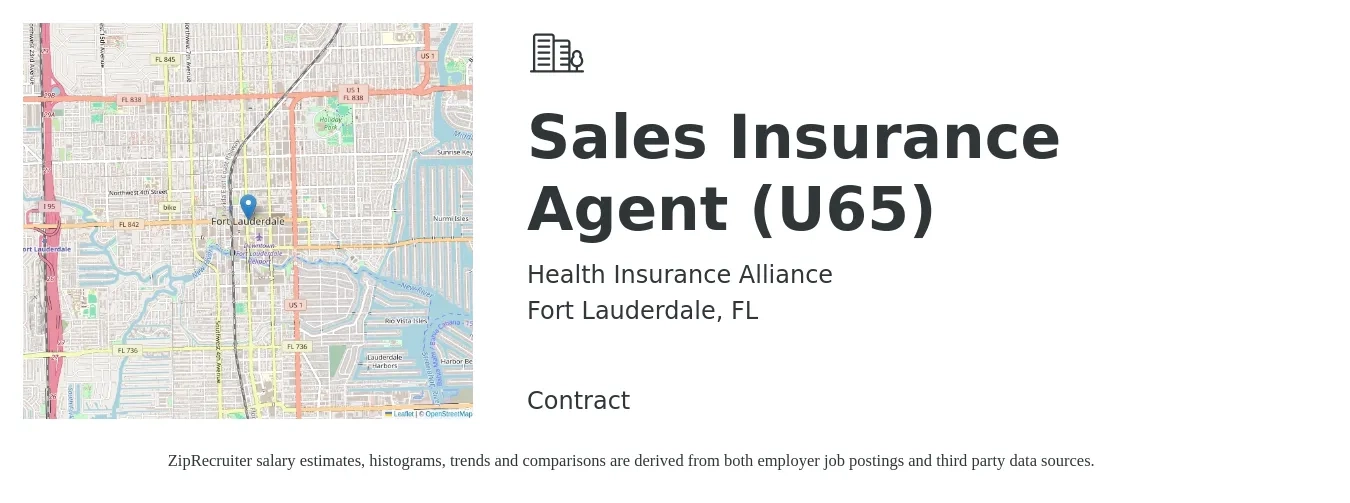 Health Insurance Alliance job posting for a Sales Insurance Agent (U65) in Fort Lauderdale, FL with a salary of $10,000 Weekly with a map of Fort Lauderdale location.